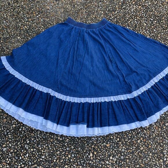 Vintage denim lace ruffled country dance skirt - Picture 3 of 4